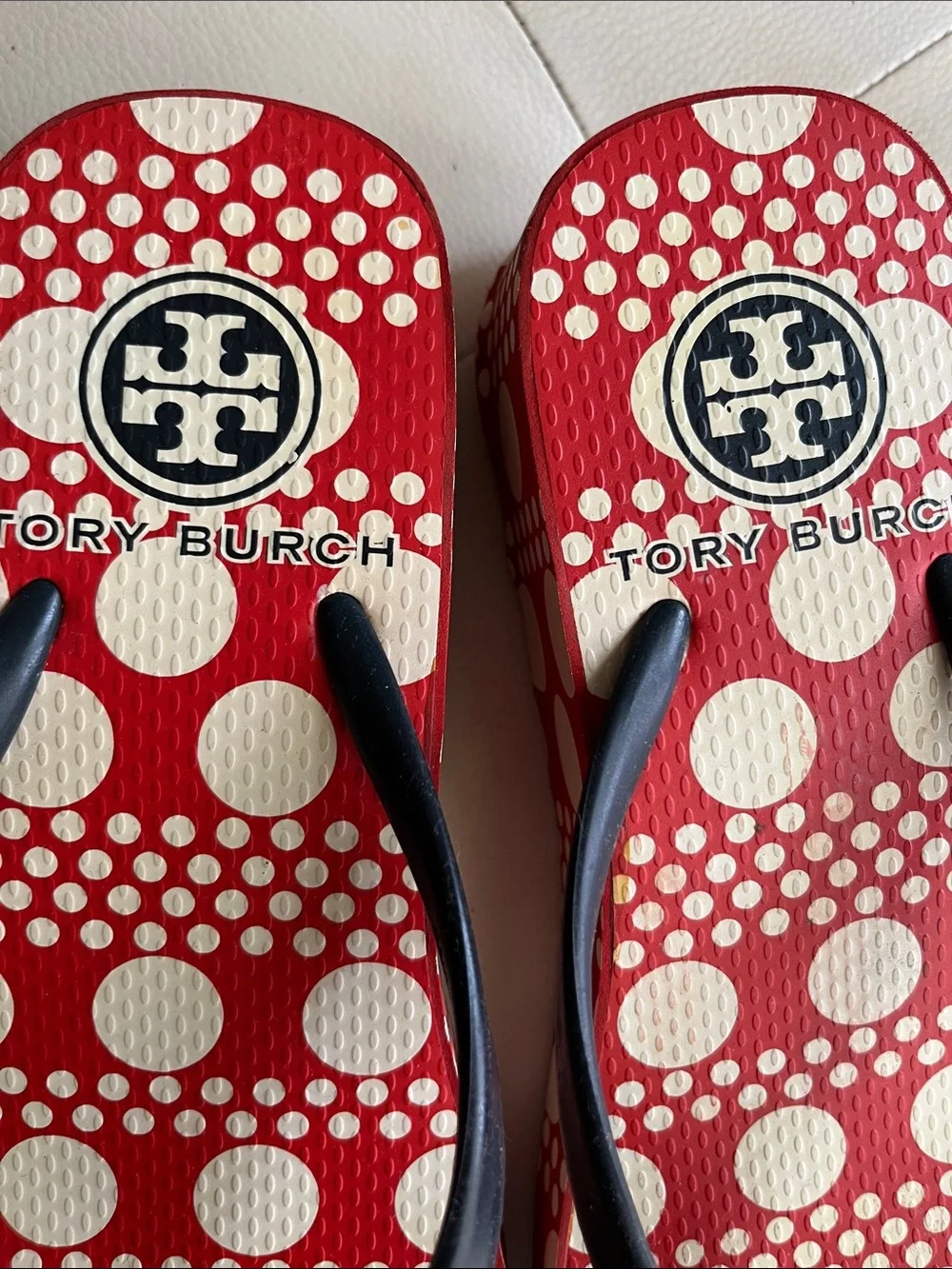 Tory Burch Red & Cream Polka Dot Flip Flop Sandals with Blue straps